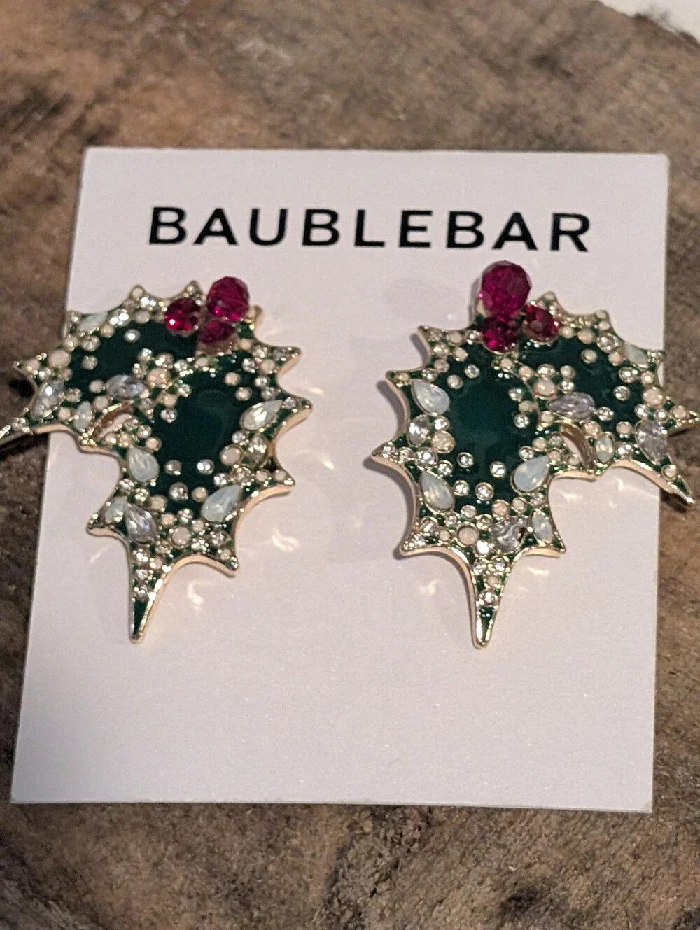 BaubleBar Dark Green Enamel and Ruby Crystal Holly Leaf Stud Earrings